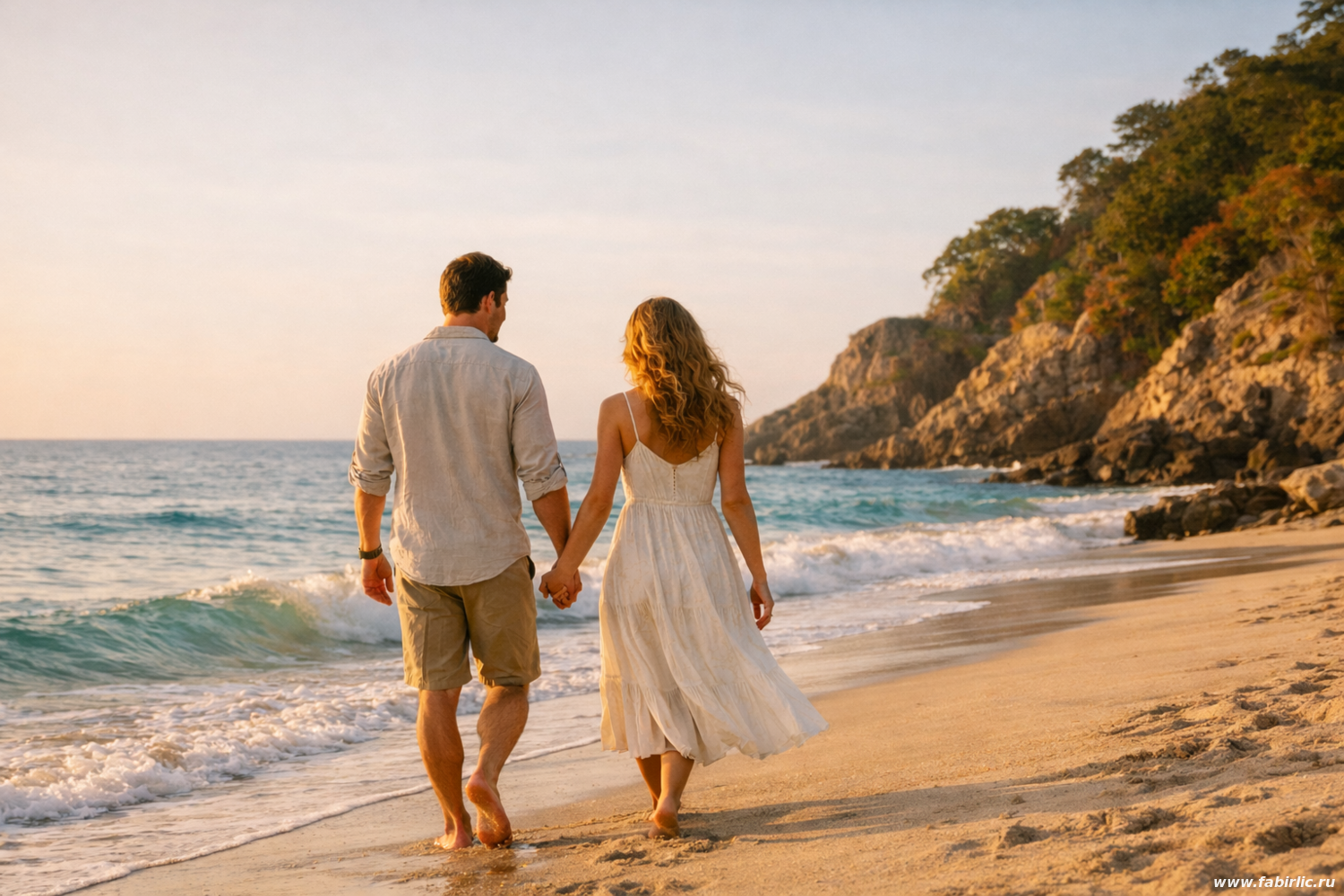 Пара, идущая вдоль берега океана, как символ близости, поддержки и чув