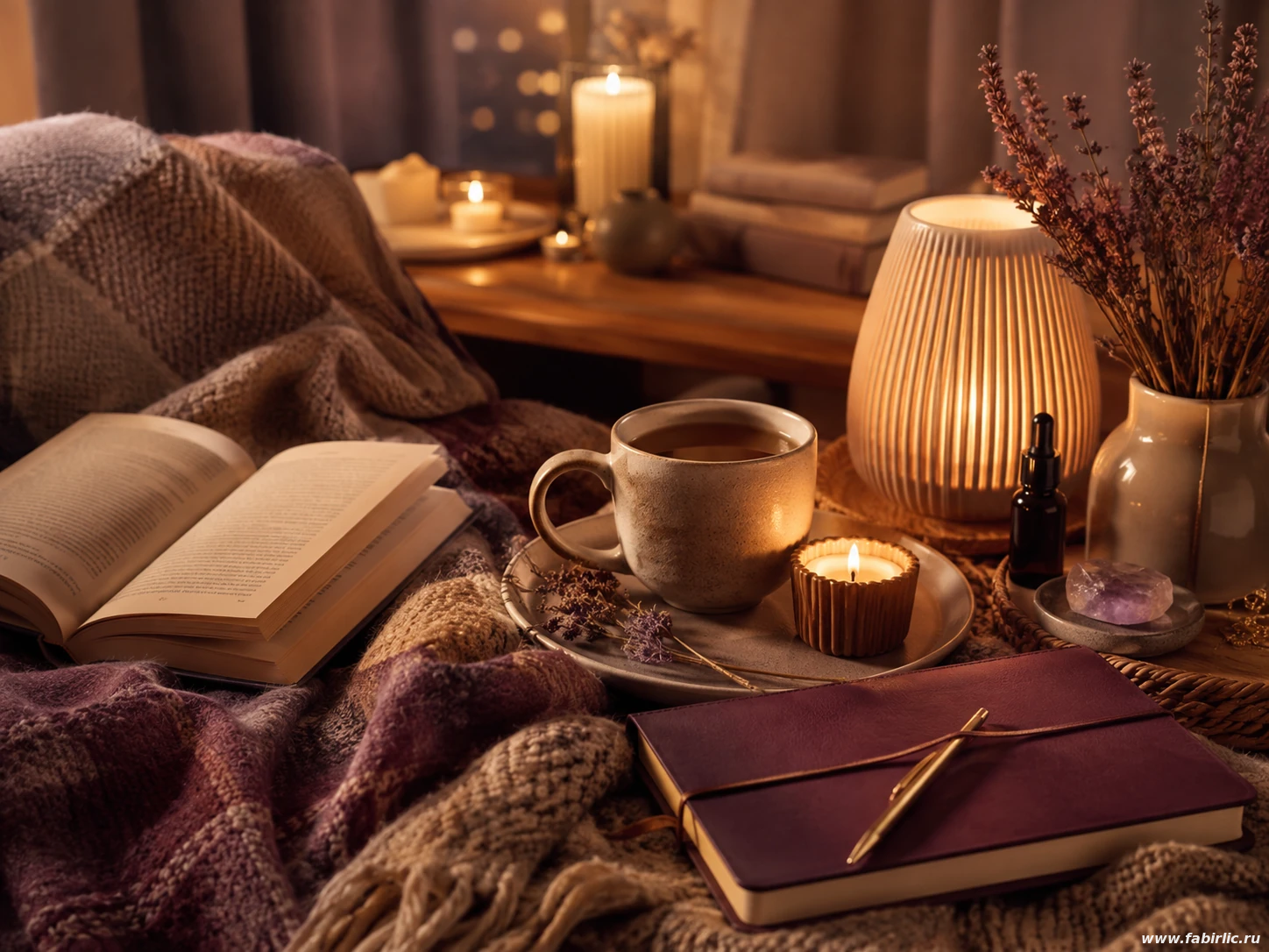 Книга, тёплый напиток и предметы для ухода в уютном осеннем интерьере